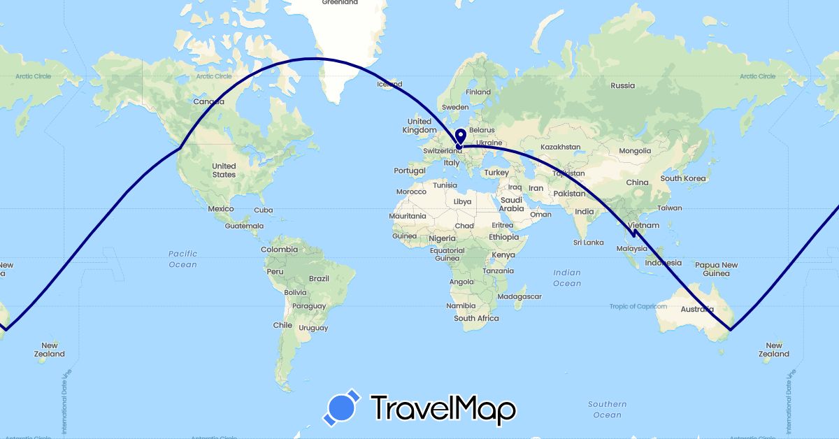 TravelMap itinerary: driving in Austria, Australia, Iceland, Cambodia, Slovakia, Thailand, United States (Asia, Europe, North America, Oceania)
